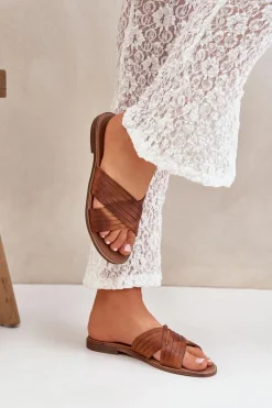 Klapki Damskie Klasyczne>Boto Skórzane Damskie Klapki Lewski Shoes 3682 Camel Brązowy