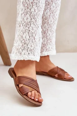 Klapki Damskie Klasyczne>Boto Skórzane Damskie Klapki Lewski Shoes 3682 Camel Brązowy