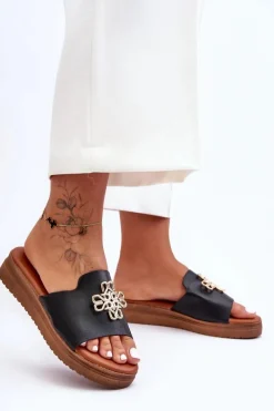 Klapki Na Platformie|Klapki Damskie Klasyczne>Boto Skórzane Damskie Klapki Na Platformie z Ozdobą Czarne Azera