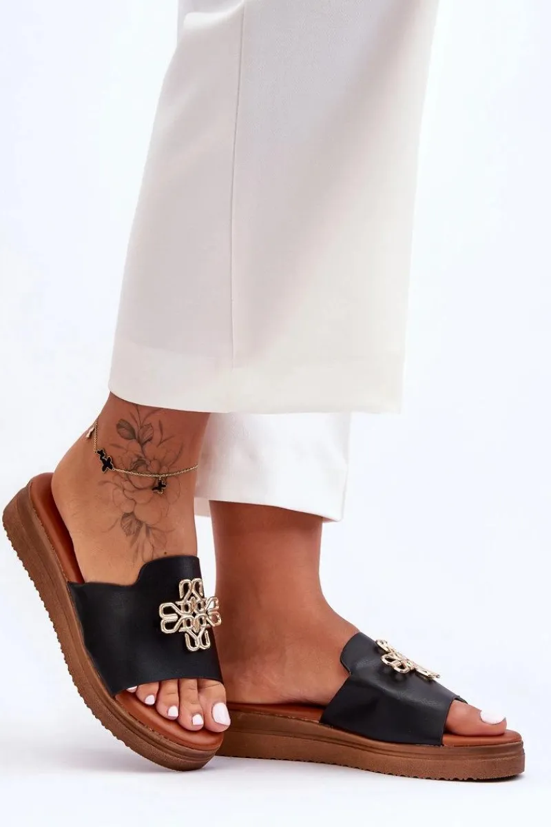 Klapki Na Platformie|Klapki Damskie Klasyczne>Boto Skórzane Damskie Klapki Na Platformie z Ozdobą Czarne Azera