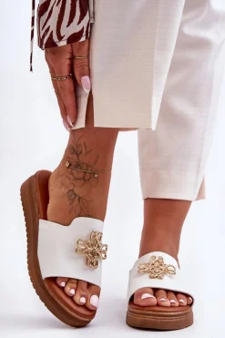 Online Skórzane Damskie Klapki Na Platformie z Ozdobą Białe Azera Damskie Klapki Na Platformie|Klapki Damskie Klasyczne