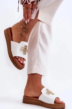 Online Skórzane Damskie Klapki Na Platformie z Ozdobą Białe Azera Damskie Klapki Na Platformie|Klapki Damskie Klasyczne