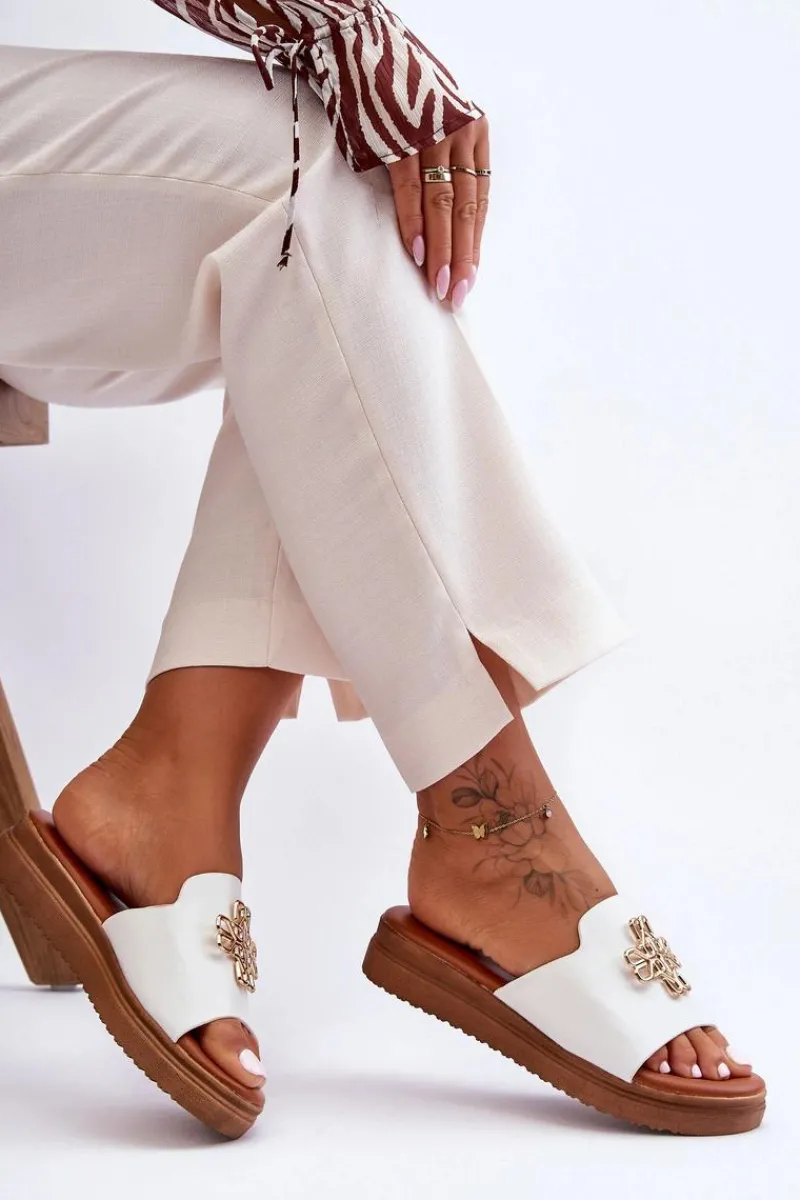 Online Skórzane Damskie Klapki Na Platformie z Ozdobą Białe Azera Damskie Klapki Na Platformie|Klapki Damskie Klasyczne