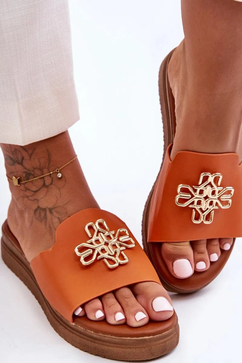 Best Boto Skórzane Damskie Klapki Na Platformie z Ozdobą Pomarańczowe Azera