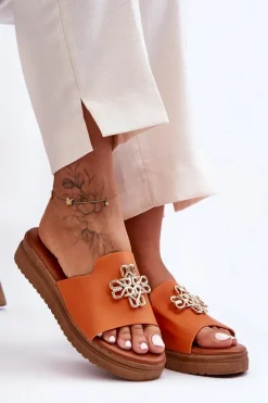 Best Boto Skórzane Damskie Klapki Na Platformie z Ozdobą Pomarańczowe Azera