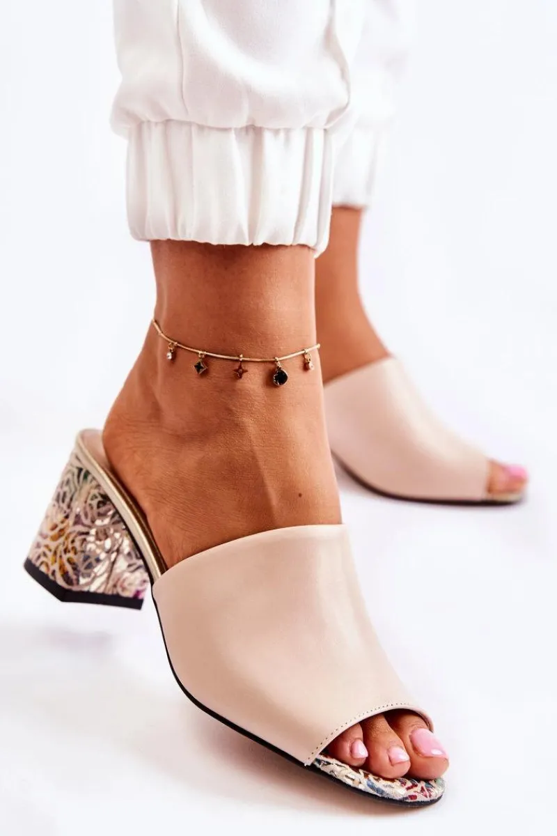 Klapki Na Obcasie|Klapki Damskie Klasyczne>Boto Skórzane Damskie Klapki Na Obcasie Kwiaty Beżowe Nessita