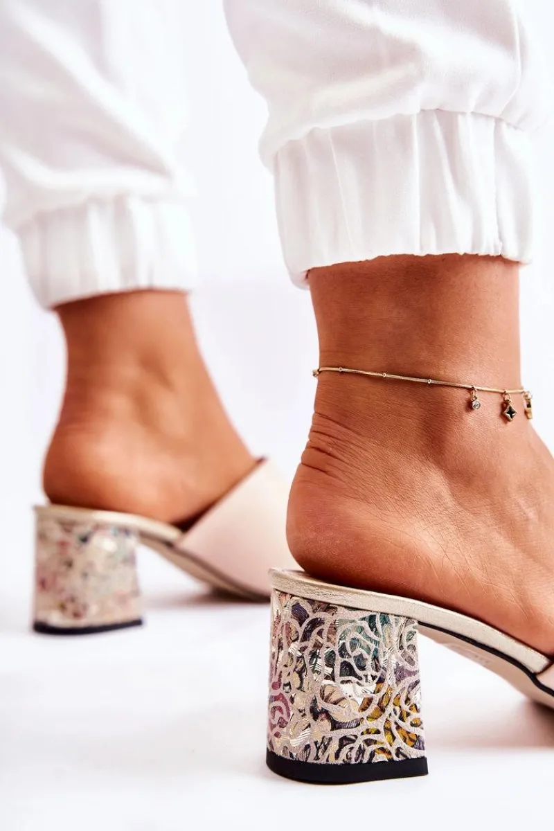 Klapki Na Obcasie|Klapki Damskie Klasyczne>Boto Skórzane Damskie Klapki Na Obcasie Kwiaty Beżowe Nessita