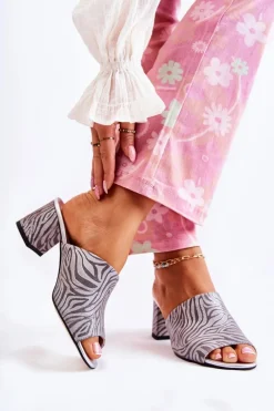 Klapki Na Obcasie|Klapki Damskie Klasyczne>Boto Skórzane Damskie Klapki Na Obcasie Zebra Szare Nessita Szary