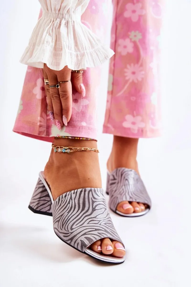 Klapki Na Obcasie|Klapki Damskie Klasyczne>Boto Skórzane Damskie Klapki Na Obcasie Zebra Szare Nessita Szary