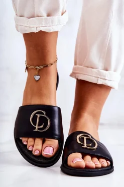 Hot Skórzane Damskie Klapki Nicole 2735 Czarne Damskie Klapki Damskie Klasyczne