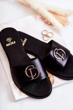 Hot Skórzane Damskie Klapki Nicole 2735 Czarne Damskie Klapki Damskie Klasyczne