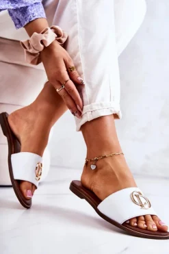 Sale Skórzane Damskie Klapki Nicole 2735 Białe Damskie Klapki Damskie Klasyczne