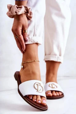 Sale Skórzane Damskie Klapki Nicole 2735 Białe Damskie Klapki Damskie Klasyczne