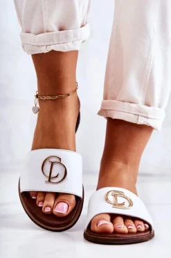 Sale Skórzane Damskie Klapki Nicole 2735 Białe Damskie Klapki Damskie Klasyczne