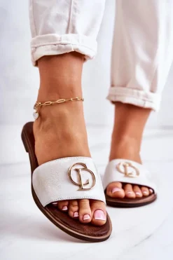 Outlet Skórzane Damskie Klapki Nicole 2735 Biało-Złote Damskie Klapki Damskie Klasyczne