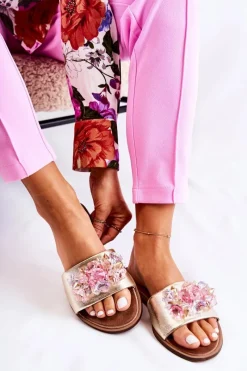 Discount Skórzane Damskie Klapki Z Ozdobą Nicole 2726 Złote Damskie Klapki Damskie Klasyczne