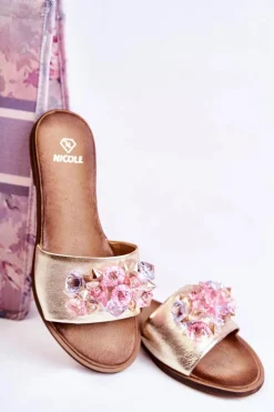 Discount Skórzane Damskie Klapki Z Ozdobą Nicole 2726 Złote Damskie Klapki Damskie Klasyczne