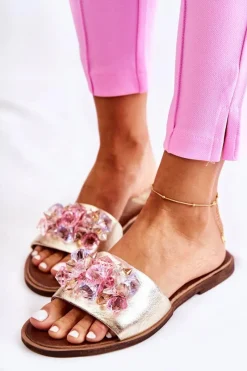 Discount Skórzane Damskie Klapki Z Ozdobą Nicole 2726 Złote Damskie Klapki Damskie Klasyczne