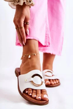 Klapki Damskie Klasyczne>Buty damskie Vinceza Skórzane Damskie Klapki Z Ozdobą Białe Marinell