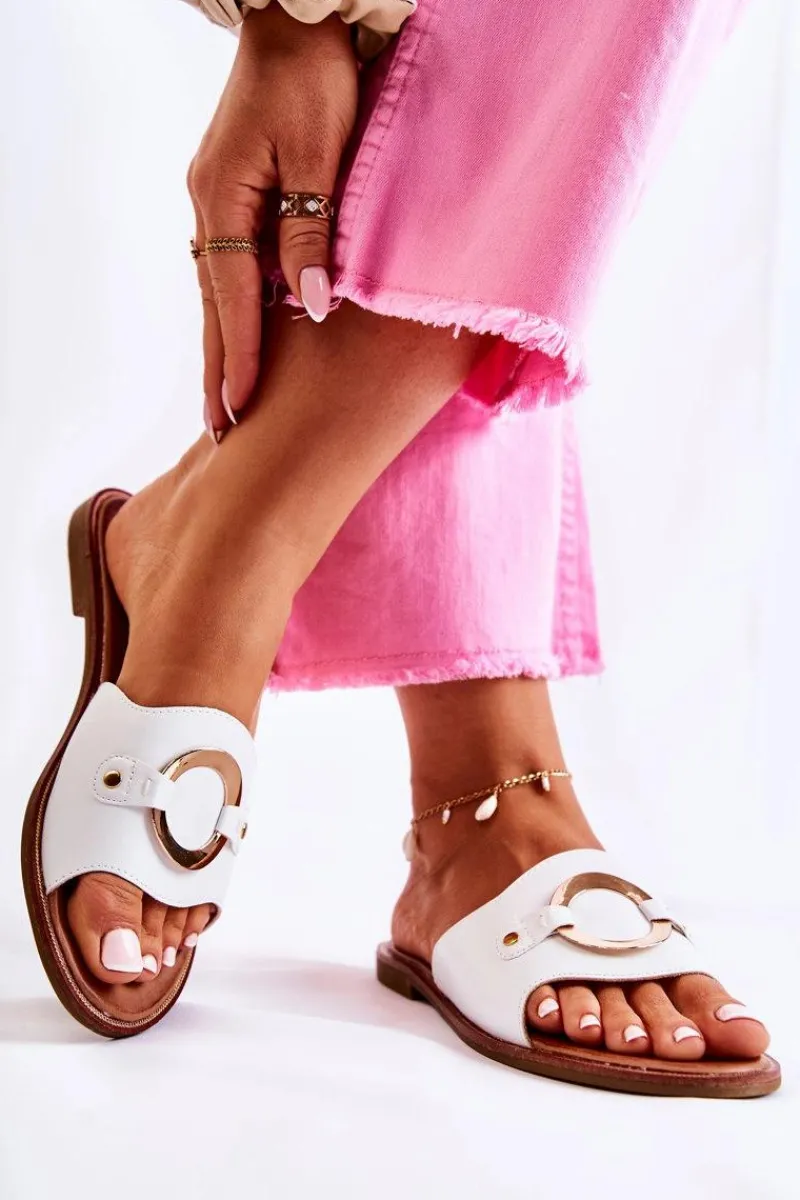 Klapki Damskie Klasyczne>Buty damskie Vinceza Skórzane Damskie Klapki Z Ozdobą Białe Marinell