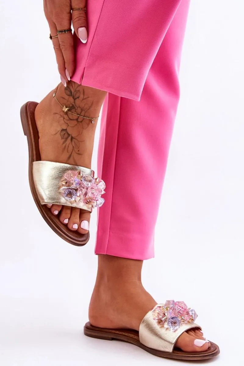 Skórzane Damskie Klapki Z Ozdobą Nicole 2726/064 Złote Damskie Klapki Damskie Klasyczne