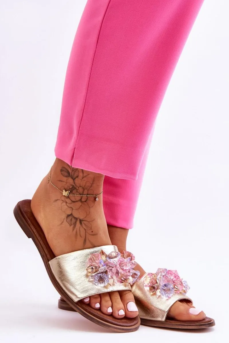 Skórzane Damskie Klapki Z Ozdobą Nicole 2726/064 Złote Damskie Klapki Damskie Klasyczne