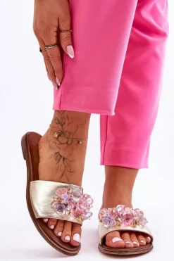 Skórzane Damskie Klapki Z Ozdobą Nicole 2726/064 Złote Damskie Klapki Damskie Klasyczne