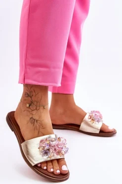 Skórzane Damskie Klapki Z Ozdobą Nicole 2726/064 Złote Damskie Klapki Damskie Klasyczne