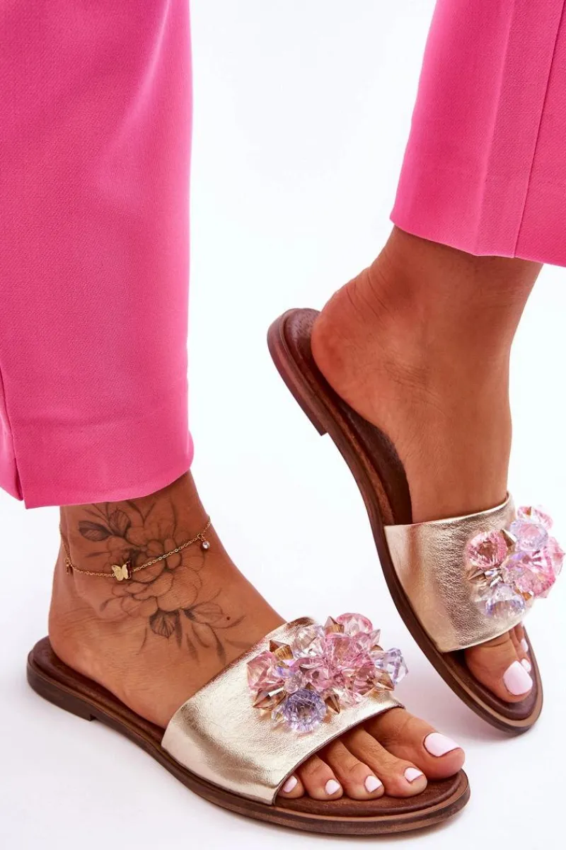 Skórzane Damskie Klapki Z Ozdobą Nicole 2726/064 Złote Damskie Klapki Damskie Klasyczne