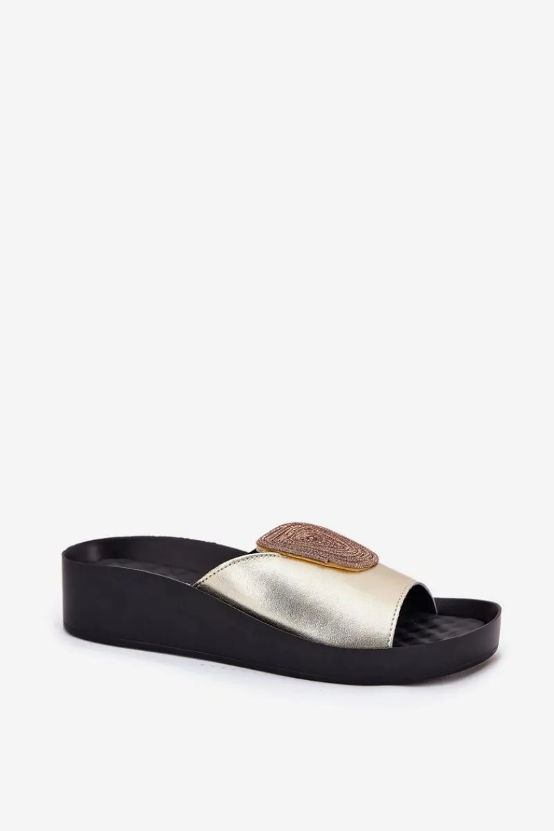 Online Damskie buty S.Barski Skórzane Damskie Klapki Z Ozdobą KV51-028 Złote Złoty