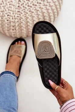 Online Damskie buty S.Barski Skórzane Damskie Klapki Z Ozdobą KV51-028 Złote Złoty