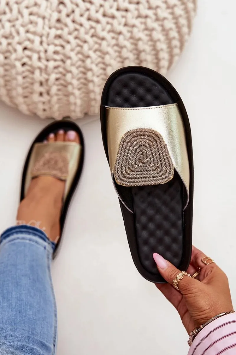 Online Damskie buty S.Barski Skórzane Damskie Klapki Z Ozdobą KV51-028 Złote Złoty