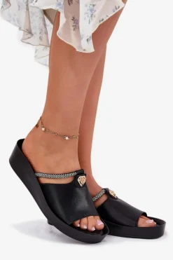 Klapki Na Koturnie|Klapki Na Platformie>Damskie buty S.Barski Skórzane Damskie Klapki Z Ozdobnym Paskiem KV51-034 Czarne Czarny