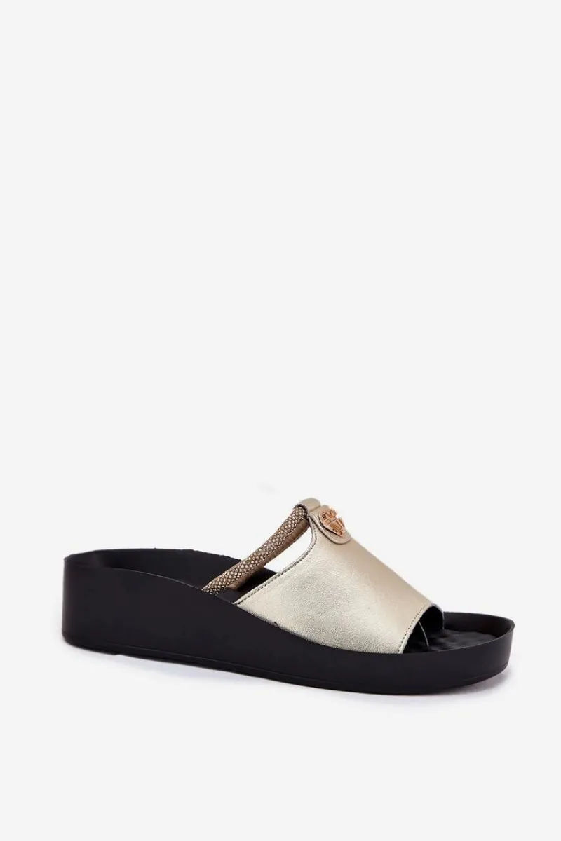 Discount Damskie buty S.Barski Skórzane Damskie Klapki Z Ozdobnym Paskiem KV51-034 Złote Złoty