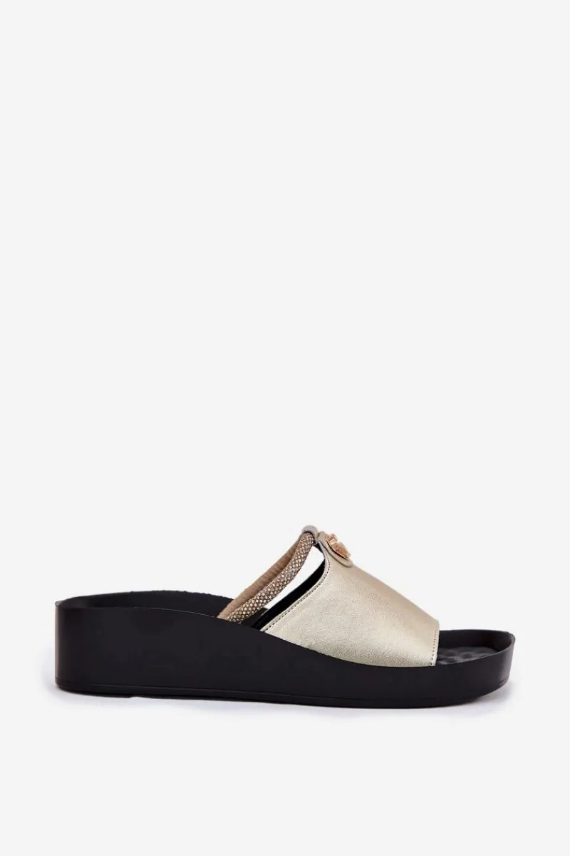 Discount Damskie buty S.Barski Skórzane Damskie Klapki Z Ozdobnym Paskiem KV51-034 Złote Złoty