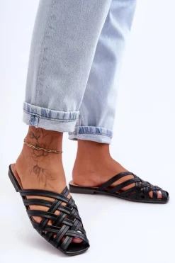 Klapki Damskie Klasyczne>Boto Skórzane Damskie Klapki Z Paskami Czarne Doralia