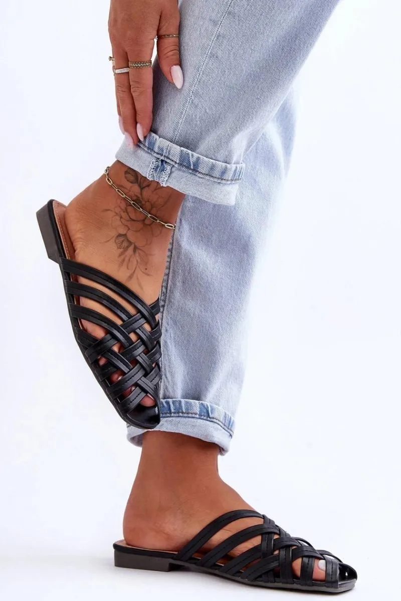 Klapki Damskie Klasyczne>Boto Skórzane Damskie Klapki Z Paskami Czarne Doralia