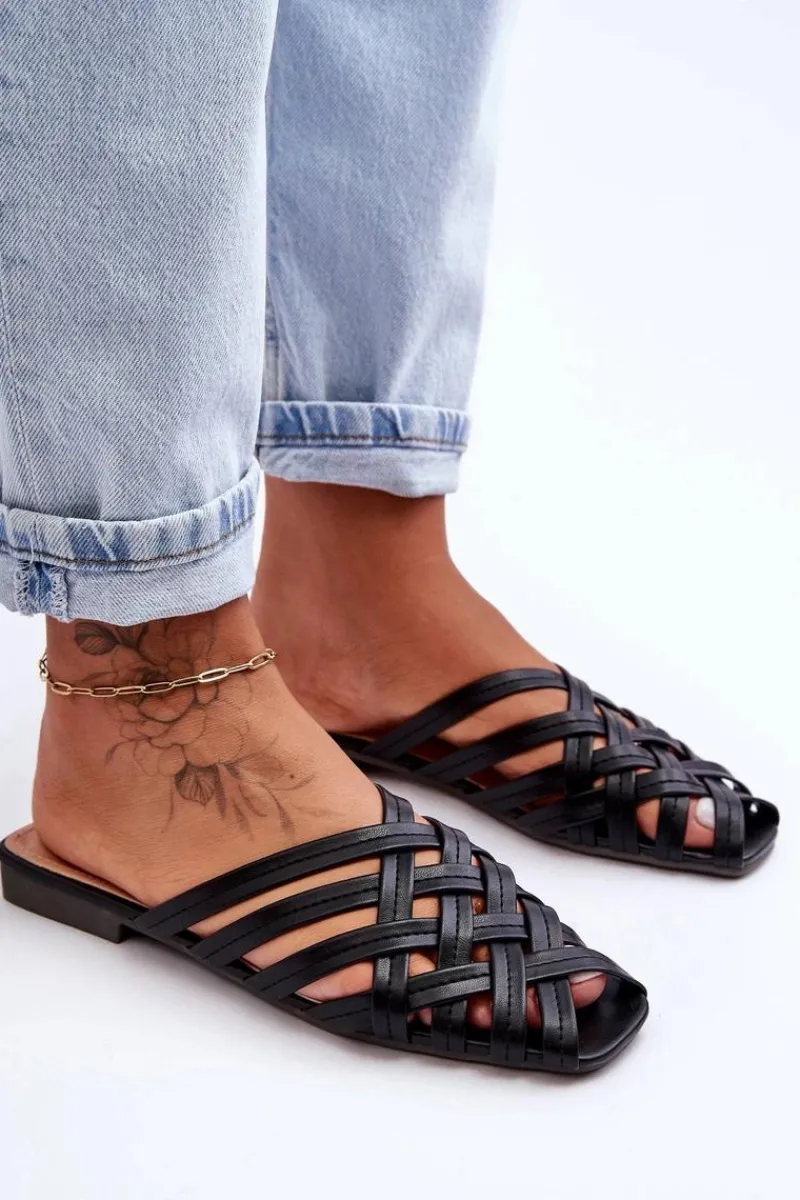 Klapki Damskie Klasyczne>Boto Skórzane Damskie Klapki Z Paskami Czarne Doralia