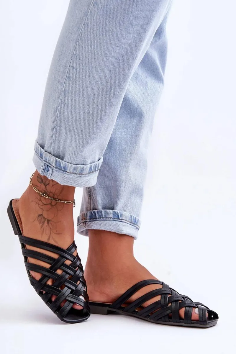 Klapki Damskie Klasyczne>Boto Skórzane Damskie Klapki Z Paskami Czarne Doralia