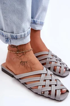 Boto Skórzane Damskie Klapki Z Paskami Szare Doralia