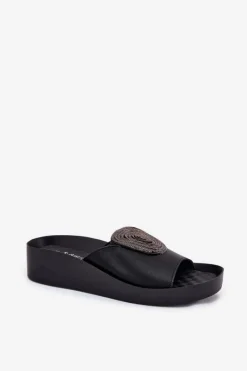 Best Skórzane Damskie Klapki Z Ozdobą KV51-028 Czarne Damskie Klapki Na Koturnie|Klapki Na Platformie