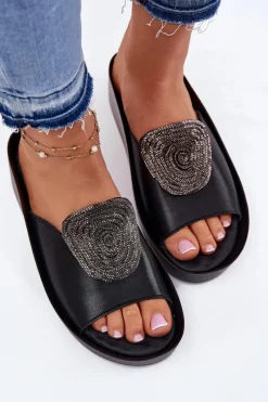 Best Skórzane Damskie Klapki Z Ozdobą KV51-028 Czarne Damskie Klapki Na Koturnie|Klapki Na Platformie