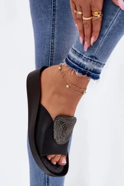 Best Skórzane Damskie Klapki Z Ozdobą KV51-028 Czarne Damskie Klapki Na Koturnie|Klapki Na Platformie