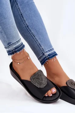 Best Skórzane Damskie Klapki Z Ozdobą KV51-028 Czarne Damskie Klapki Na Koturnie|Klapki Na Platformie