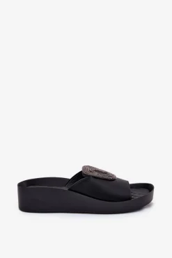 Best Skórzane Damskie Klapki Z Ozdobą KV51-028 Czarne Damskie Klapki Na Koturnie|Klapki Na Platformie