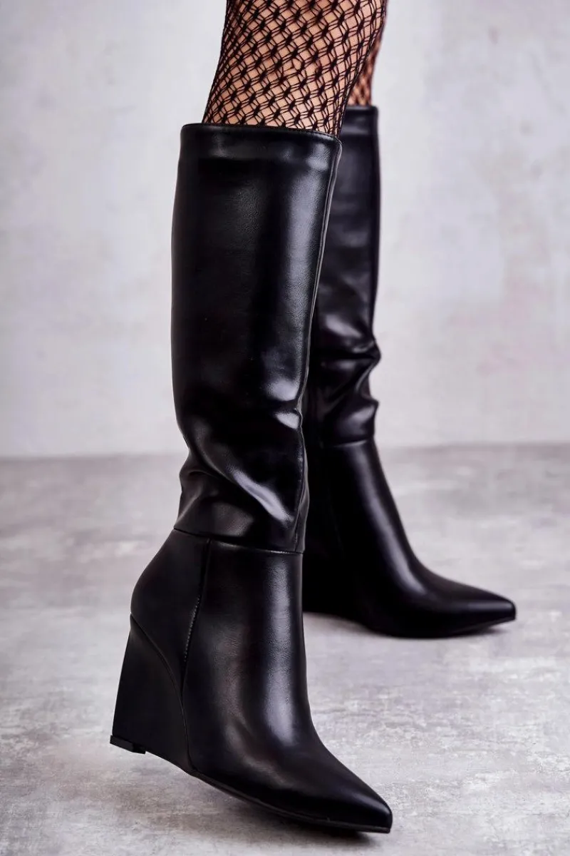 Kozaki Wiosenne|Kozaki Na Koturnie>Boto Skórzane Damskie Kozaki Na Koturnie Czarne Arlene