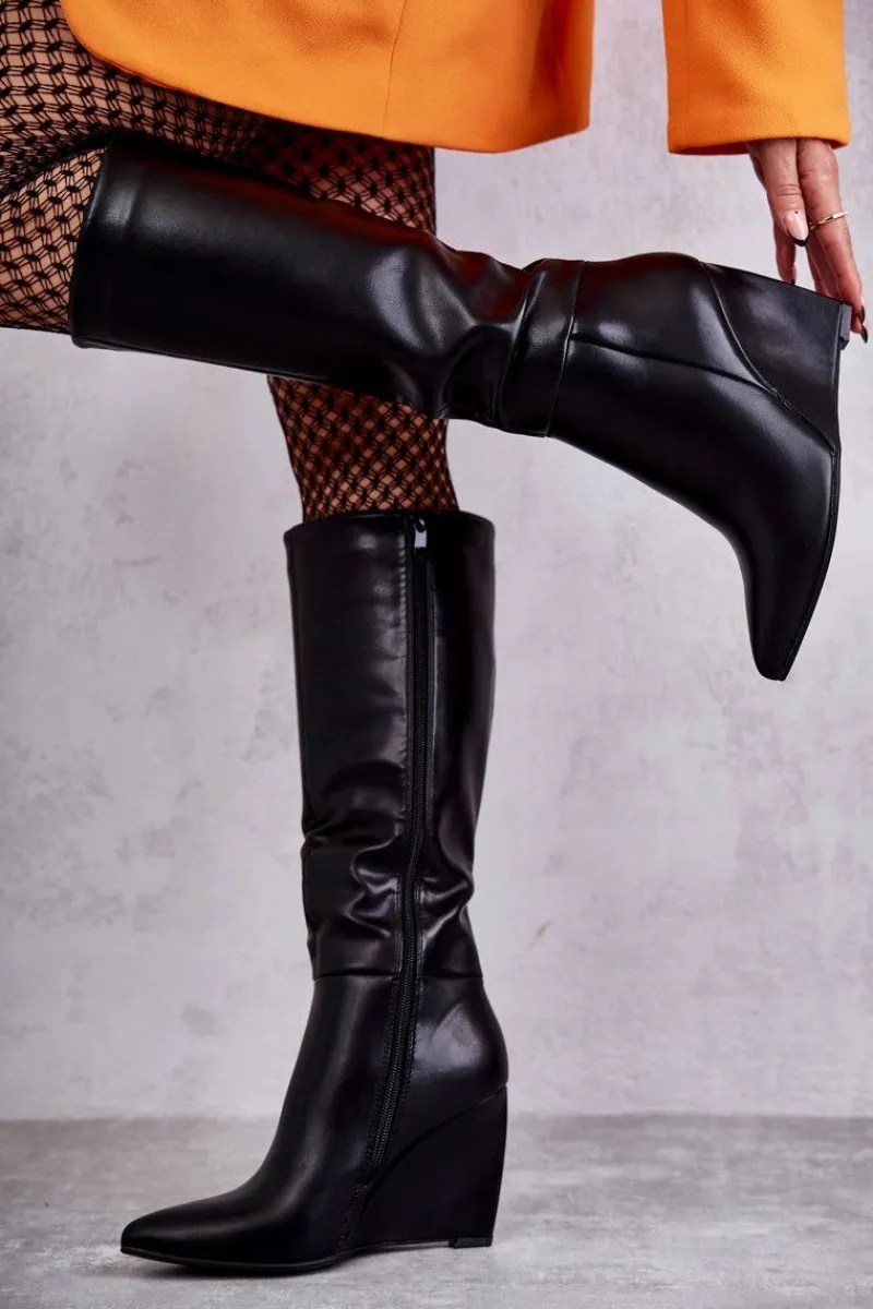 Kozaki Wiosenne|Kozaki Na Koturnie>Boto Skórzane Damskie Kozaki Na Koturnie Czarne Arlene