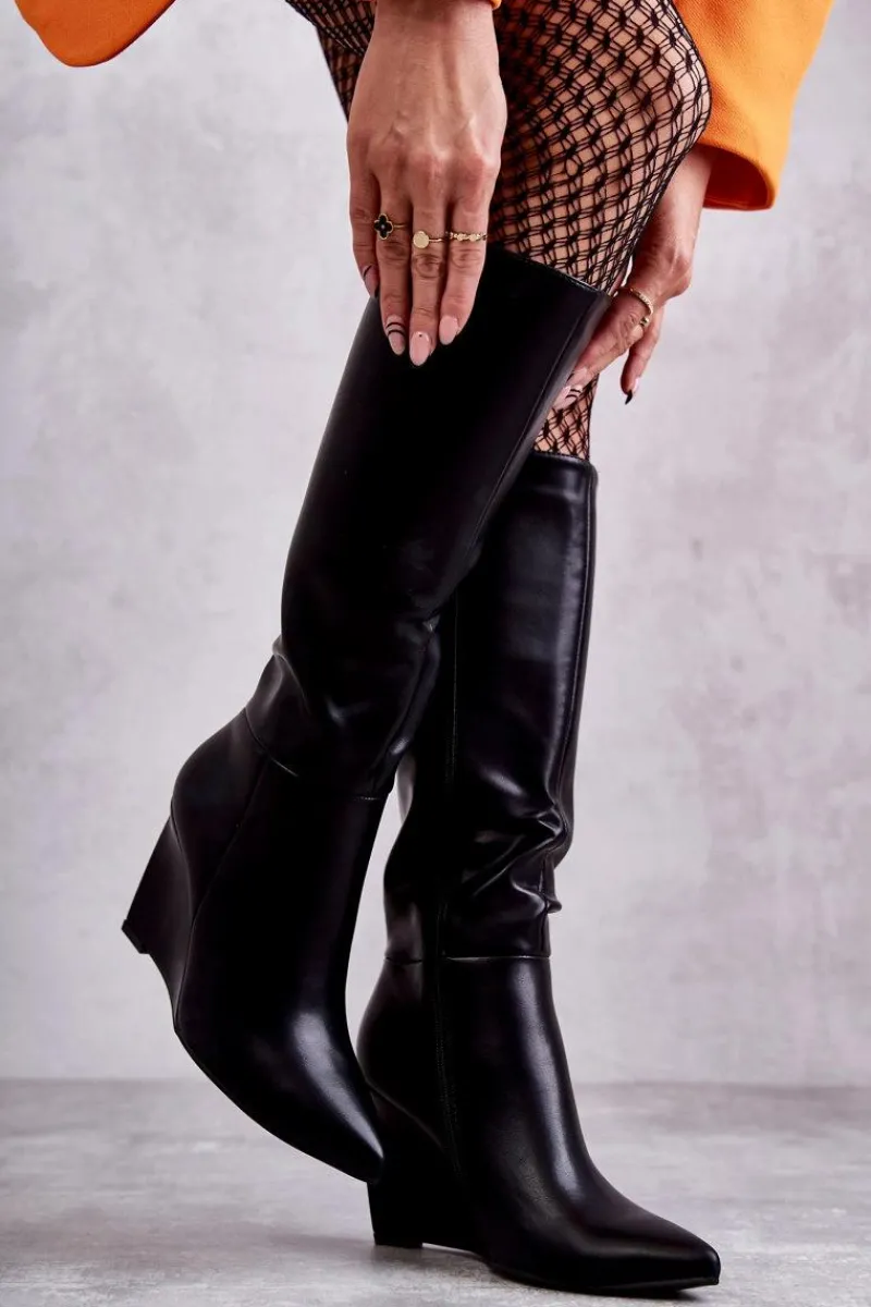 Kozaki Wiosenne|Kozaki Na Koturnie>Boto Skórzane Damskie Kozaki Na Koturnie Czarne Arlene