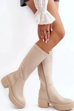 Kozaki Przed Kolano|Kozaki Na Obcasie>Boto Skórzane Damskie Kozaki Przed Kolano Lemar Jasnobeżowe Malayah