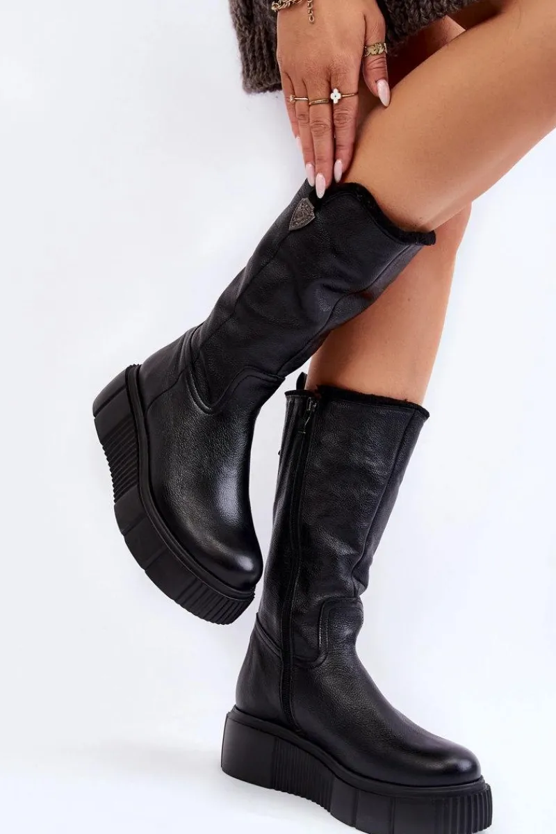 Kozaki Ocieplane|Kozaki Na Koturnie>Zazoo Skórzane Damskie Kozaki Z Wełną 70121 Czarne Czarny